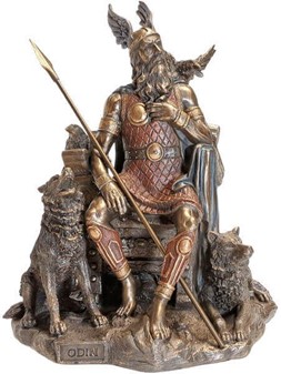 Odin figur. Kong af alle nordiske guder på en trone med ulve og ravne