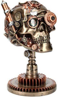 FIGURER STEAMPUNK. Unik bronzefigur af kranium på kædehjul stativ