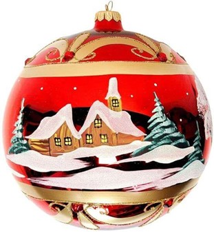 Skarlagenrøde julekugle med gulddekoration og vinterlandskab. Ø 20 cm
