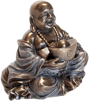 Lykkelige Buddha med Yuanbao. Smuk, lille bronzefigur til salg