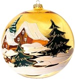 Stor glas juletræskugle i blank guld, med et vinterlandskab. Ø 20 cm
